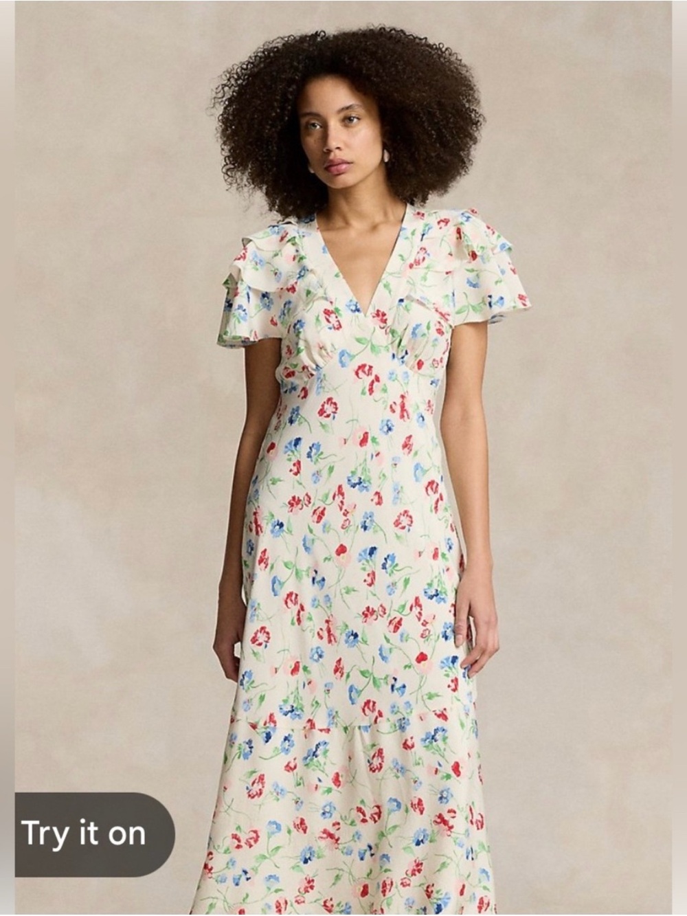 Polo Ralph Lauren V-Neck Maxi Dress in Cream with Red & Blue Blooms Size 10